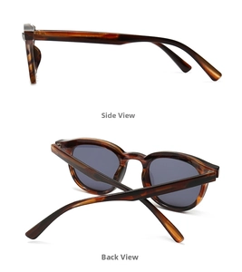 Side and back view of retro tortoiseshell sunglasses with narrow oval frames