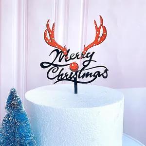 Red and white polka dot reindeer antler Merry Christmas acrylic cake topper, 11.5cm width