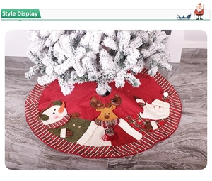 Close-up of knitted Christmas tree skirt featuring Santa, snowman, and reindeer patterns