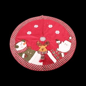Detail of red knitted Christmas tree skirt with 3D snowman and reindeer embroidery