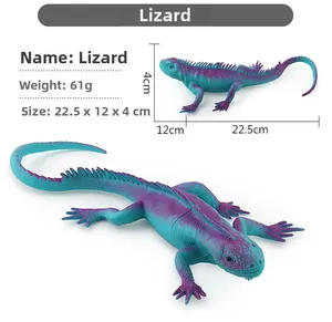 Detailed size chart and dimensions of the gradient blue and purple lizard toy