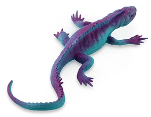 Detail of chameleon toy model with realistic purple and blue gradient scales and tail