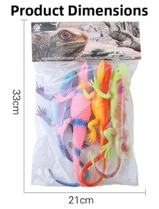 Set of four colorful toy lizards in packaging with dimensions showing 33cm total height