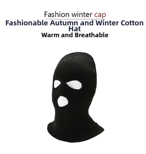 Fashion winter cap: Close-up of black 3-hole knitted balaclava with windproof neck protection