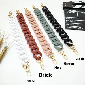 Detail of chunky acrylic bag chains in five matte colors with gold lobster clasps