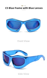 Détails de lunettes de soleil Y2K enveloppantes avec monture bleue métallique et verres bleus