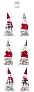 Detail collage of red and black plaid Santa and Snowman Christmas tree toppers decorations