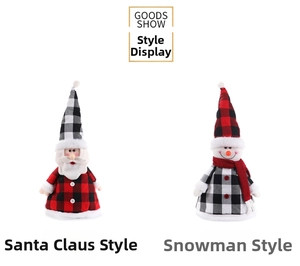 Detailed plush Santa and Snowman ornaments with red and black buffalo plaid patterns