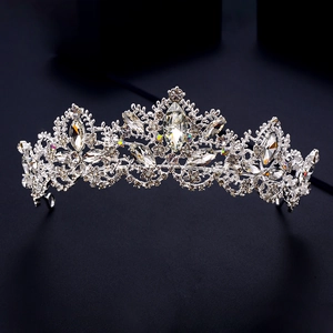 Macro detail of silver bridal crown showing marquise cut zircons and intricate hollow metalwork