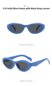 Detailed front and side views of blue cat eye sunglasses with dark grey lenses