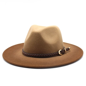 Two-tone gradient wool fedora hat with a woven leather band and gold metal buckle
