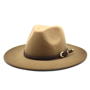 Classic camel wool fedora hat with dark brown braided band and gold buckle on white background