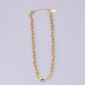Detail view of 18K gold plated oval link chain with lobster clasp and extension