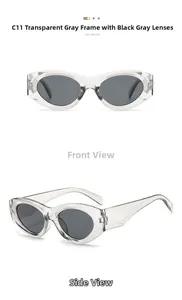 Macro detail of oval sunglasses frame in transparent grey with black lens specifications
