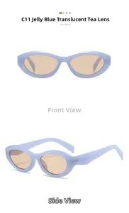 Close-up of retro oval cat eye sunglasses in jelly blue with brown lenses from multiple angles