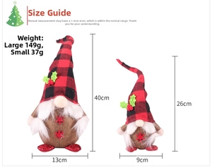 Size chart for Christmas faceless gnomes showing dimensions of large and small plush toys