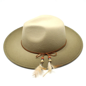 Top view of olive wool fedora hat with ethnic beaded band and delicate feather accents