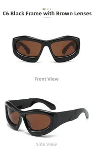 Vues de face et de côté des lunettes Y2K avec monture noire épaisse et verres thé
