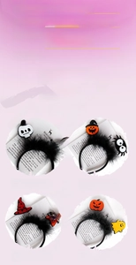 Detail of Halloween headbands with spring pumpkin and ghost elements on plush feather bands