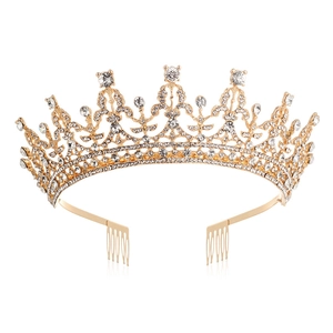 Macro detail of golden bridal crown featuring intricate filigree and sparkling rhinestones