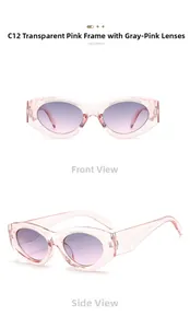 Macro detail of oval pink sunglasses showing smooth transparent frames and gradient lenses