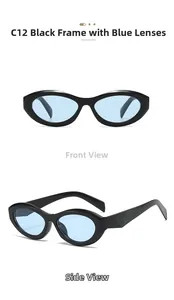 Detail view of oval cat-eye sunglasses with thick black frames and light blue lenses