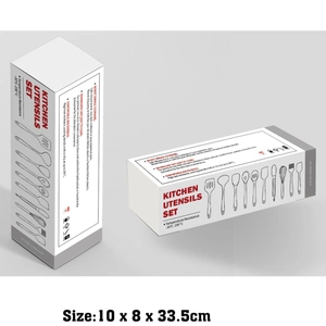 Silicone kitchen utensils set packaging box showing temperature resistance and product size