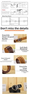 Detail of heart-shaped metal buckle and decorative hollow heart-eyelets on a PU leather belt