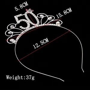 Elegant silver rhinestone 50th birthday tiara with crown detail and size markings