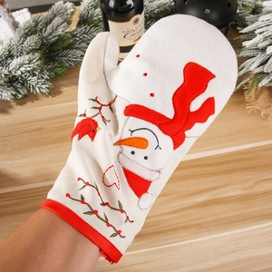 Christmas oven mitt with snowman embroidery on rustic wooden table with festive decor