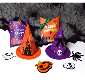 Halloween gift boxes featuring purple and orange cone hats with ghost and pumpkin felt decor