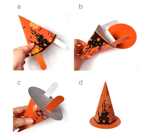 Four-step assembly guide for orange Halloween pumpkin cone-shaped paper candy gift box