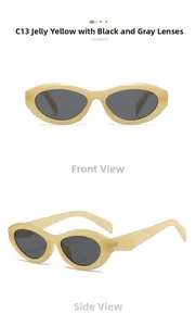 Macro detail of cat eye sunglasses with jelly yellow frames and dark grey lenses