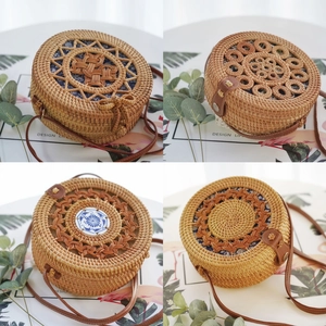 Detail of four handmade round rattan bags with unique patterns and floral lining