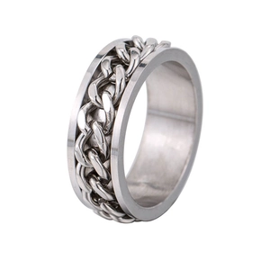Polished silver stainless steel spinner ring with an embedded Cuban chain design