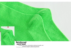 Detailed view of reinforced Y-heel on green ribbed cotton sock for durability and comfort