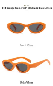 Detail view showing orange oval cat-eye sunglasses with dark grey lenses in two angles