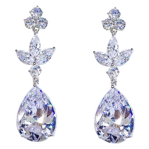 Elegant silver-plated drop earrings with large pear-cut cubic zirconia and floral accents