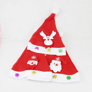 Detailed view of stackable felt Christmas hats featuring reindeer, snowman, and Santa appliques