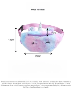 Detail view of unicorn plush fanny pack with size specs and rainbow velvet texture