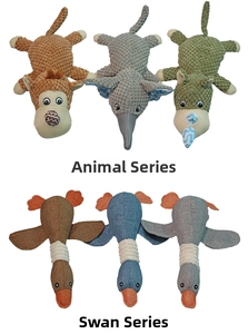 Detail of plush squeaky dog toy set featuring corduroy animals and cotton linen geese