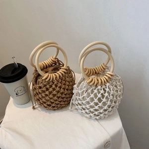 Women Straw Woven Mesh Handbag With Round Wooden Handles Drawstring Inner Pouch Summer Beach Bohemian Bucket Bag