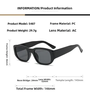 Detailed size specifications and material chart for square black frame sunglasses