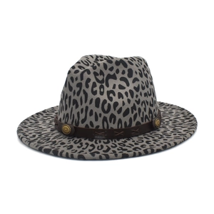 Grey leopard print wool fedora hat with brown leather band and gold stud details