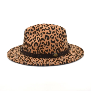 Classic leopard print fedora hat with a brown decorative band and vintage metal buckle