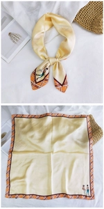 Champagne and orange silk square scarf with plaid border and minimalist cartoon pattern