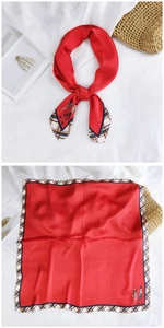 Red silk square scarf with classic plaid border and cartoon illustration detail