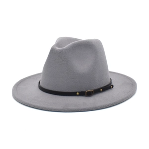 Close-up of a classic gray wool felt fedora hat with a black belted buckle detail