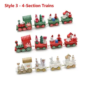Set of 3 creative 4-section wooden Christmas trains with Santa and snowman figures