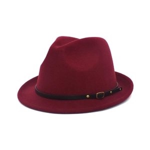 Classic burgundy wool fedora hat with elegant black leather belt and gold buckle accent